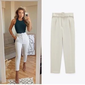 60. High Waisted Belted Pants in White